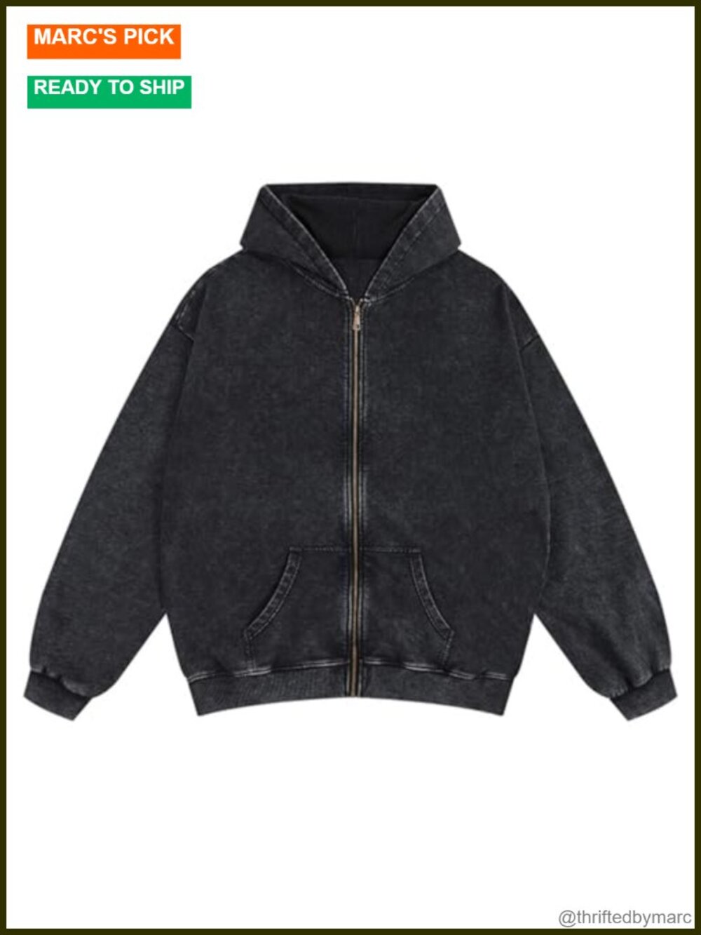 Men's Oversized Zip-Up Hoodie Acid Wash Heavyweight Cotton Blend Sweatshirt
